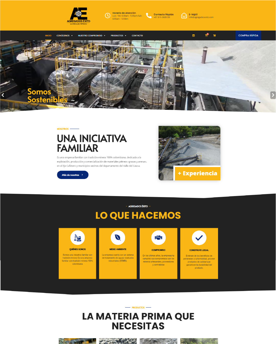 Captura de pantalla de la página de inicio del sitio web de Agregados Éxito destacando su compromiso con la sostenibilidad y la iniciativa familiar.