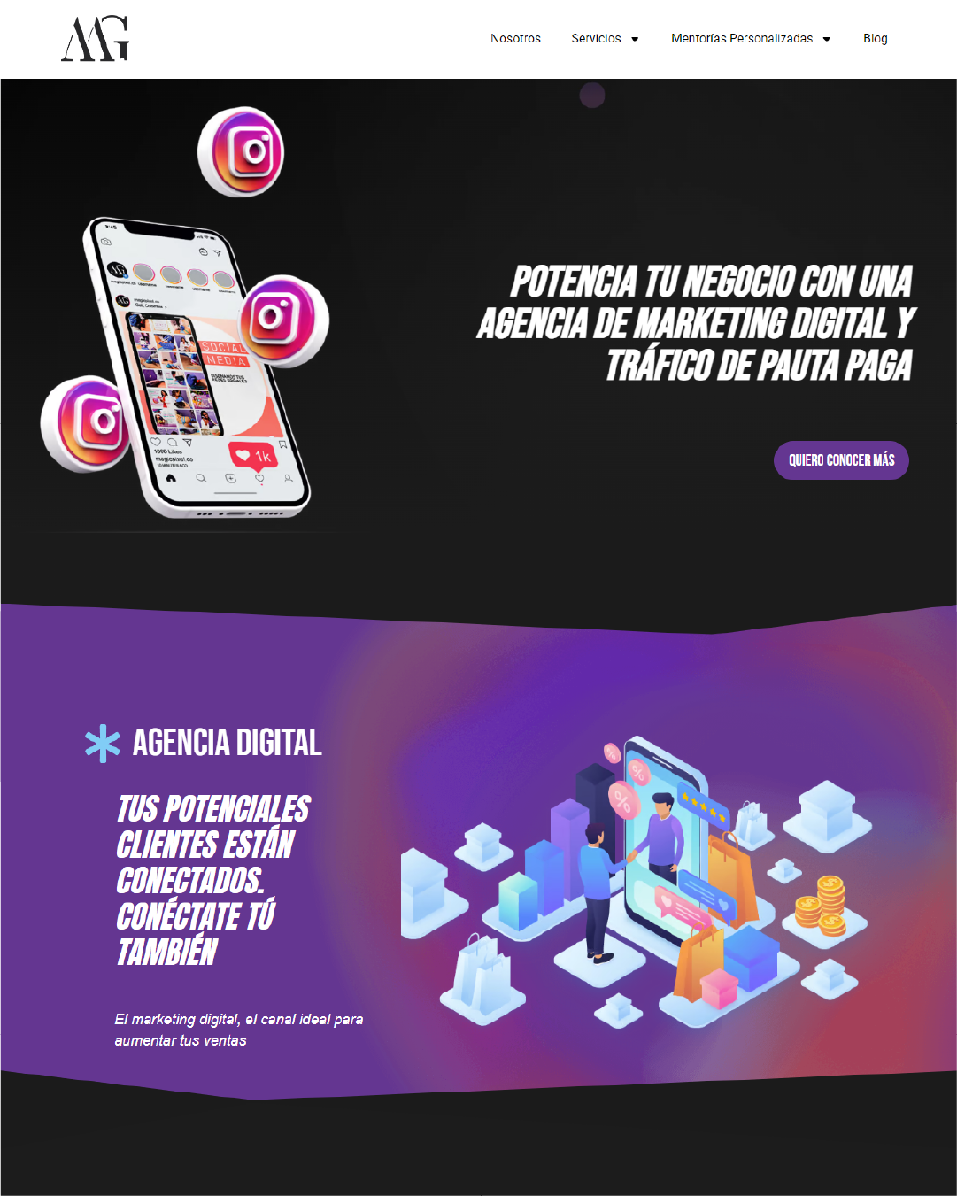 Captura de pantalla de una página web de una agencia de marketing digital mostrando un smartphone con íconos de redes sociales y una ilustración de personas interactuando con un entorno de marketing digital.