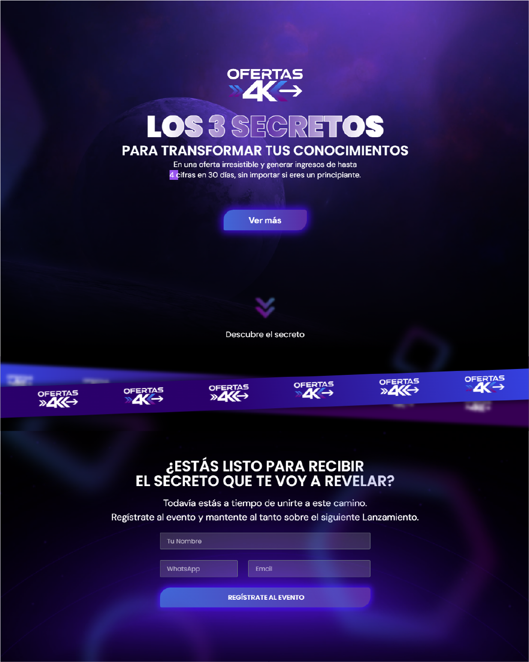 Página promocional con información sobre "LOS 3 SECRETOS PARA TRANSFORMAR TUS CONOCIMIENTOS", incluyendo una sección de registro y botones de llamada a la acción.